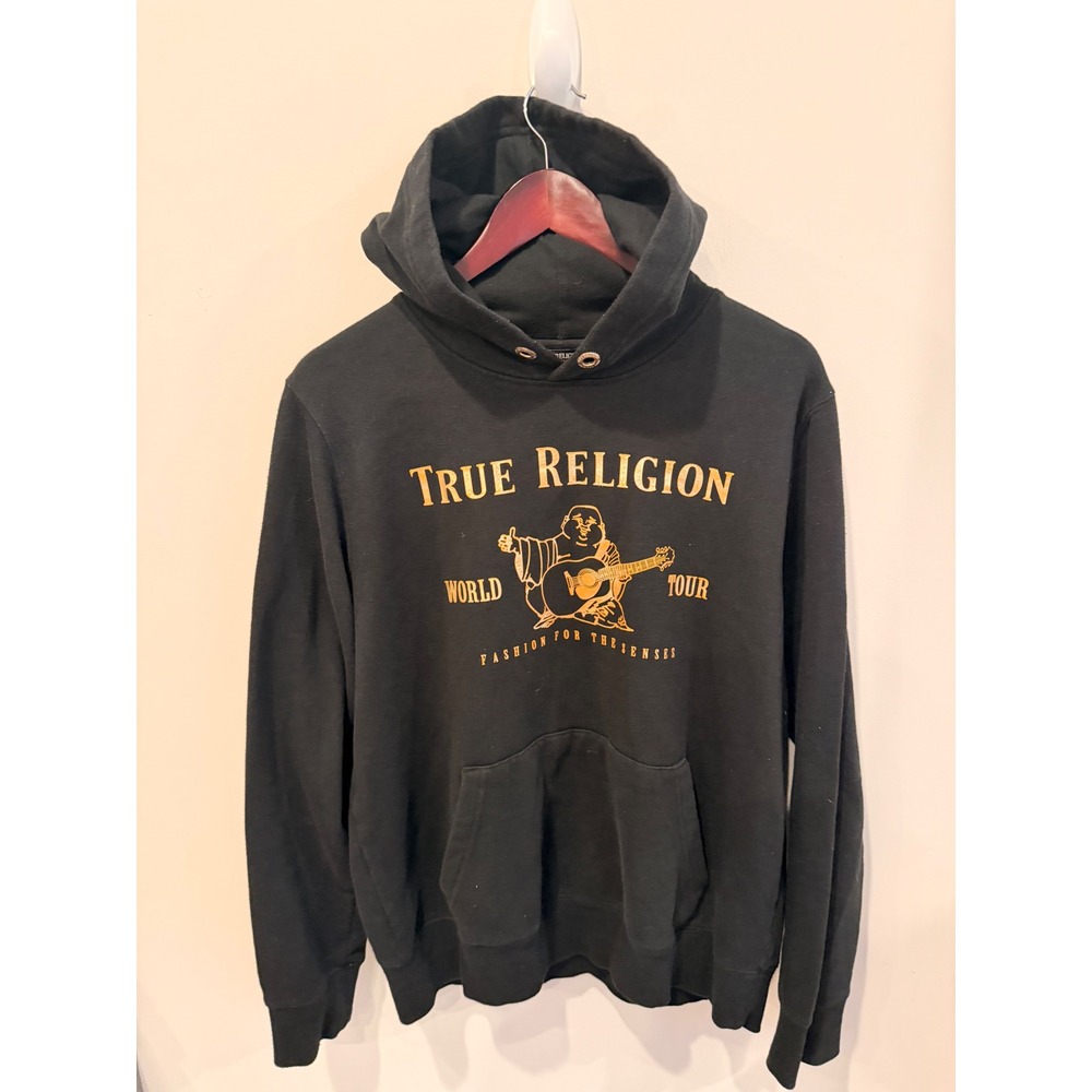 True Religion Hoodie Black Gold Logo World Tour Pullover Large